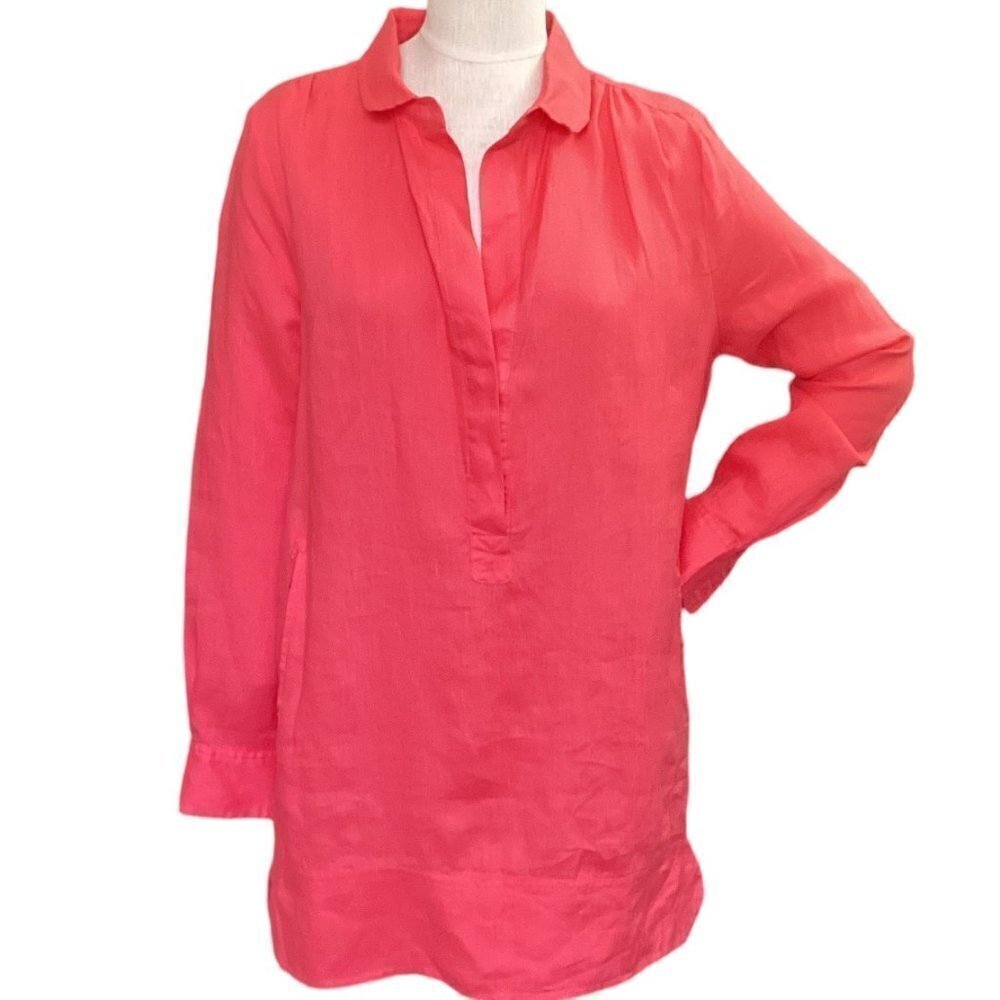 Linen/Linen Blend Tunic Top/Shirt Dress/Beach Cover-up L/XL Coral 151G‎